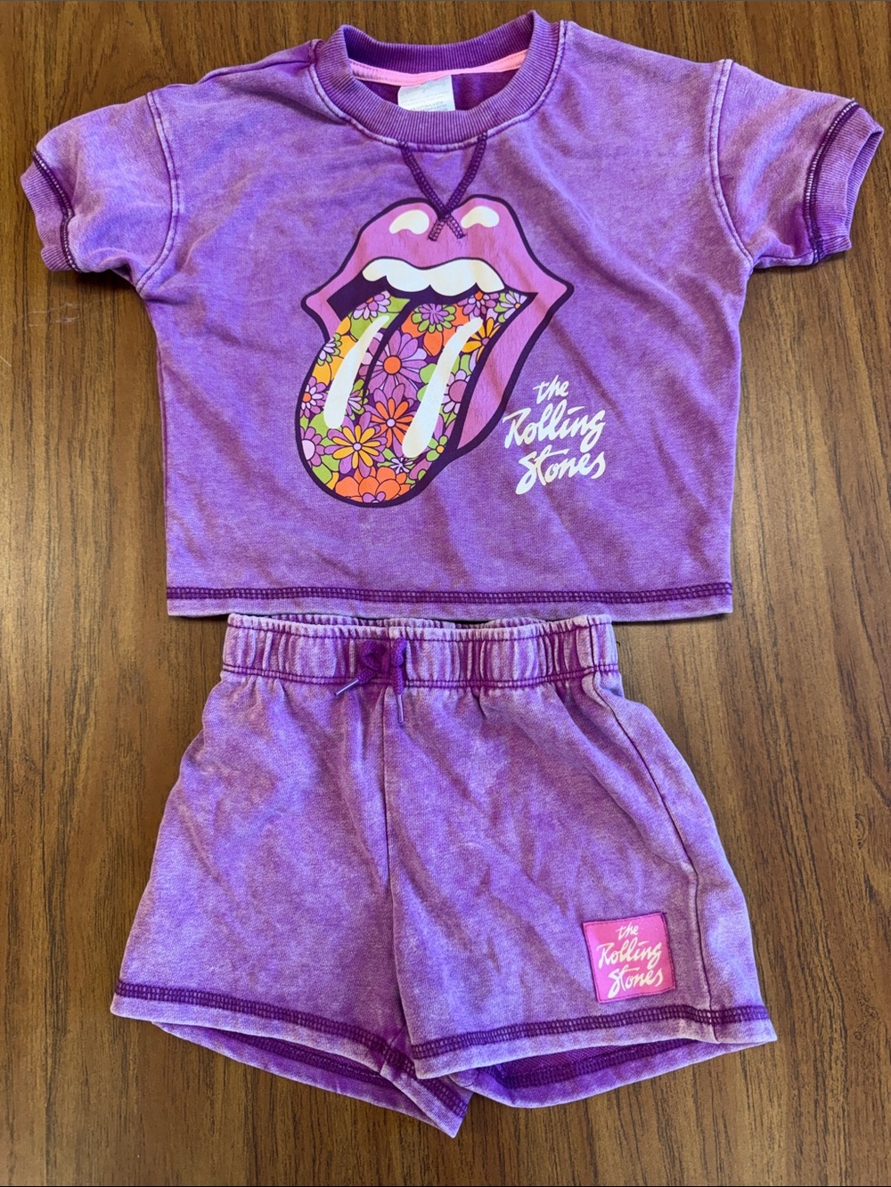 the Rolling Stones Purple Floral Tongue Crop Top and Shorts Set